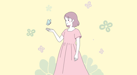Young Woman And Butterfly In A Pink Dress, Illustrating Gentle Interaction With Nature