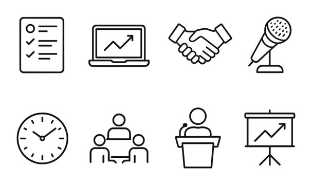 Business icons set: checklist, laptop, handshake, microphone, clock, meeting, speaker, chart