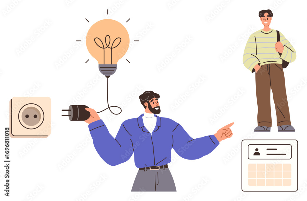 Aufkleber man plugging power cord into lightbulb while pointing towards young man with an id badge and calenda
