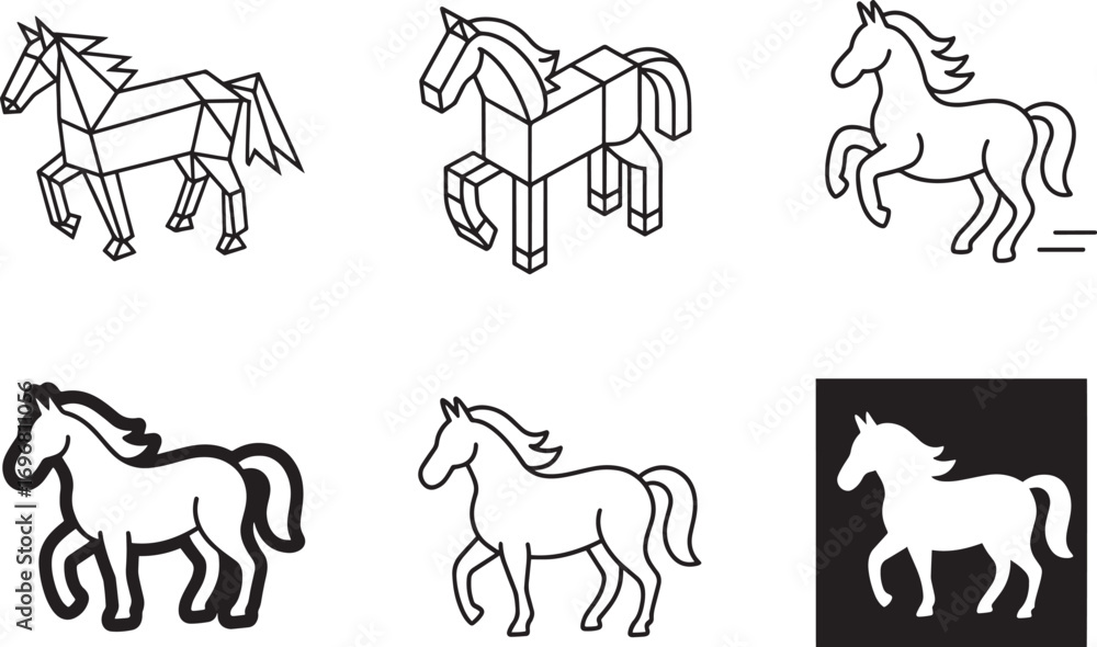 Poster abstract horse icon set geometric style outline design solid shape negative space vector graphics