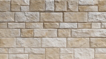 Textured tan brick wall patterned in neat rows. AI image