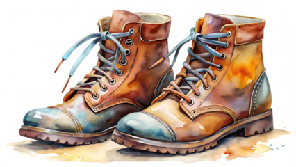 Watercolor painting of a pair of brown leather boots isolated on transparent background