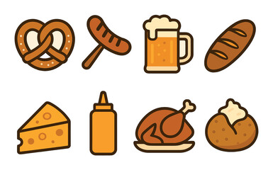 German cuisine icons: pretzel, sausage, beer, bread, cheese, mustard, chicken, potato