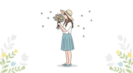 Fototapeta premium Young Woman Smelling Fresh Flowers in a Pastel Environment with Artistic Floral Design