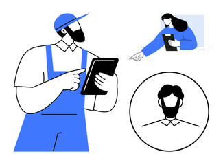 Worker in cap using tablet, woman pointing and holding clipboard, circular avatar. Ideal for teamwork, collaboration, communication, profile setup, workforce, digital tools simple landing page