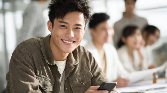 young Chinese man scanning QR code on tabletop with phone, others smiling in background, bright natural light