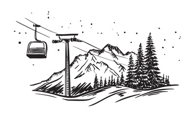 Ski lift in mountain, on white, sketch, hand drawn illustrations