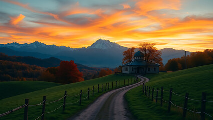 Naklejka premium Photograph featuring a picturesque autumn scene. In the foreground, a winding path leads through lush green hills