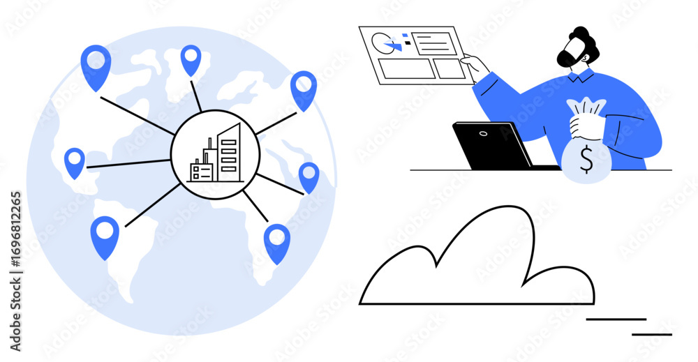 Poster world map with location markers connected to a central business hub, person managing finances on lap