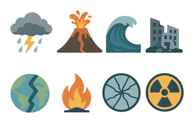 Natural disasters icons: storm, volcano, tsunami, earthquake, fire, radiation