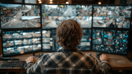 A person monitoring multiple screens displaying surveillance footage in a modern control room.