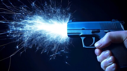 A hand holds a handgun firing, with bright blue sparks emanating from the barrel