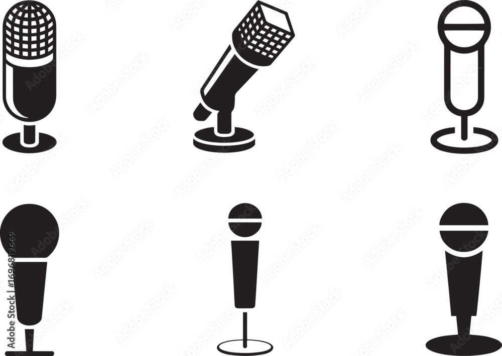 Poster microphone icons collection for audio recording and broadcasting equipment design set