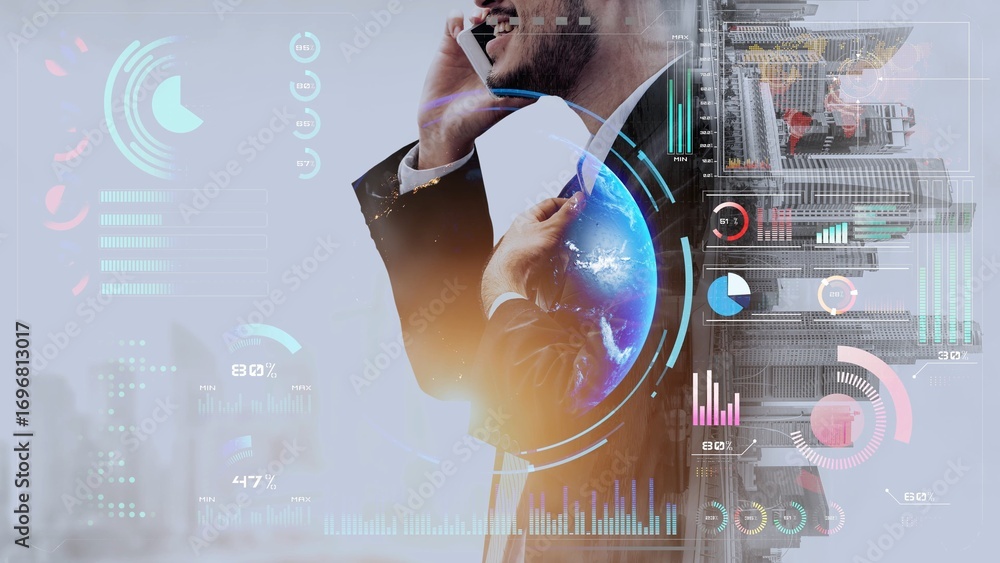 Poster high-tech global network connection interface showing worldwide digital communication, data exchange