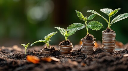 Plants on coin stacks represent financial growth and increasing investment return over time in garden environment