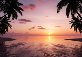 A serene tropical sunset over a calm ocean with silhouetted palm trees framing the colorful sky.