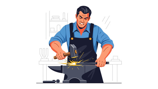 Forging a Legacy: A determined artisan, wielding a hammer, shapes metal on an anvil, creating sparks in this illustration of traditional craftsmanship. 