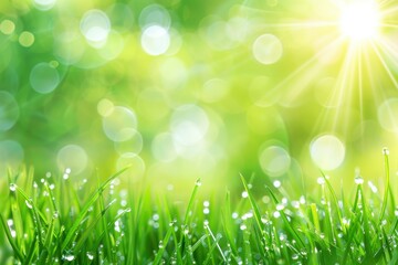 Obraz premium A vibrant green grass field glistens with morning dew, illuminated by warm sunlight, creating a serene and refreshing atmosphere.
