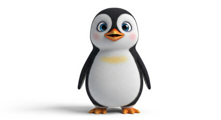 Fototapeta premium A cute 3D animated baby penguin character with big blue eyes and rosy cheeks standing on a clean white background.