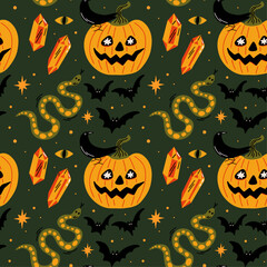 Halloween themed vector seamless pattern with cute groovy funky witchy aesthetic cartoon illustration of spooky magical witchcraft objects, pumpkin, snake, black crow, crystals, bats