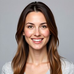 A beautiful portrait of a happy young brunette woman with a genuine, friendly smile and long healthy hair looking at the camera on a neutral grey studio background