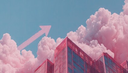 A vibrant, digitally created image showcasing a sky-high arrow against a backdrop of pink clouds and buildings.