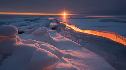 Snowy landscape with a bright sun setting on the horizon over a frozen body of water at dusk time