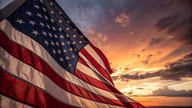 American Flag Waving Proudly Against a Dramatic Sunset Sky with Clouds