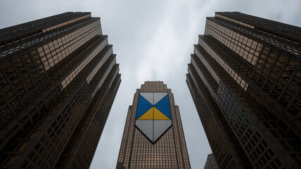 Worm's eye view of three skyscrapers with a geometric design on the central building under cloudy skies