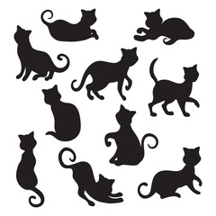 Collection of 10 black Halloween cats on white background - Vector illustration