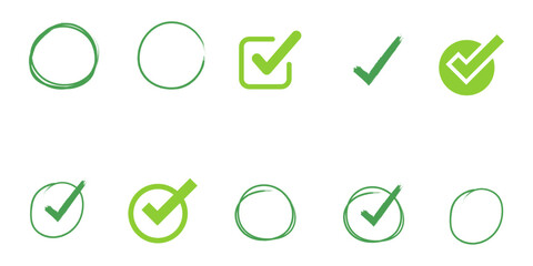 Green checkmark symbols. Check mark icons. Right, correct vote choice. Check mark icons . Vector illustration. 
