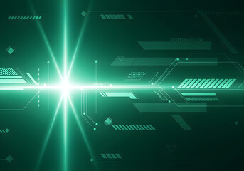 Abstract futuristic technology background with a bright green light flare and digital interface elements.