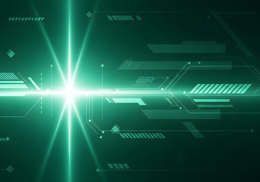 Abstract futuristic technology background with a bright green light flare and digital interface elements. - Powered by Adobe