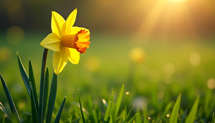 Obraz premium A vibrant yellow daffodil bathed in sunlight in a lush green field.