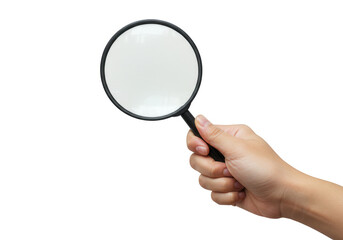 Hand holding a magnifying glass with a dark circular lens isolated on transparent background