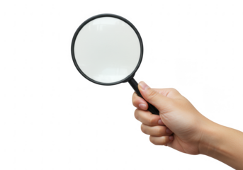 Hand holding a magnifying glass with a dark circular lens isolated on transparent background