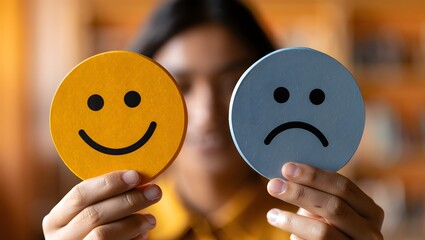 A person holding a happy face and a sad face cutout, symbolizing contrasting emotions.
