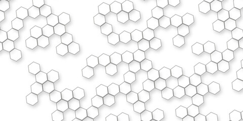 A pattern of white hexagon shapes arranged subtle shadows that create a three-dimensional, layered effect, geometric repetition and depth of the hexagonal grid.