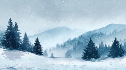 dark blue winter landscape with snow covered forest and mountains