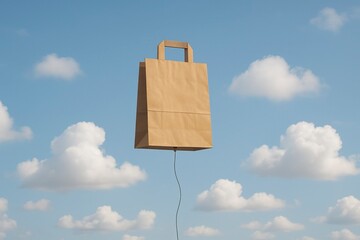 Paper Bag Floating in Blue Sky Surreal Concept