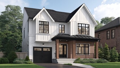A charming, modern farmhouse-style residence with a bright, white facade and dark trim features a welcoming front porch and a well-manicured lawn.