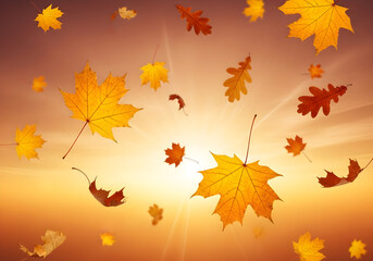 Fototapeta premium Golden autumn leaves falling gracefully through the air against a warm, glowing sunset sky.