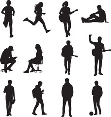 Silhouette Collection Diverse Activities People Silhouetted Figures Engaged Various Pursuits Individual Poses Represented Anonymous Characters Standing Running Sitting Playing Instruments