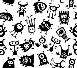 cute Halloween monster seamless pattern, black and white drawing creative texture textile 