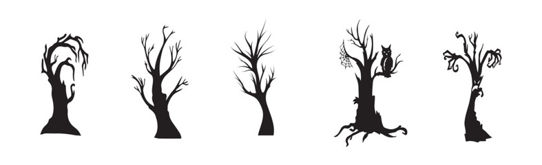 Collection of 5 gloomy halloween trees on white background - Vector illustration