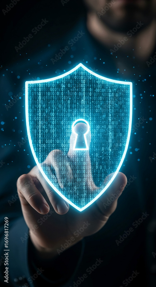 Aufkleber digital shield with binary code, held in hand, symbolizes cybersecurity, data protection, and digita