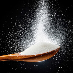 Fine white sugar poured from a wooden spoon against a dark background