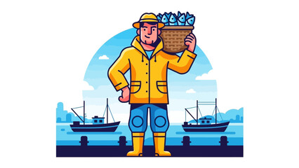 Fisherman's Bounty: A cheerful fisherman, a symbol of the sea and the coast, joyfully carries a basket brimming with fresh fish against a backdrop of nautical charm. 
