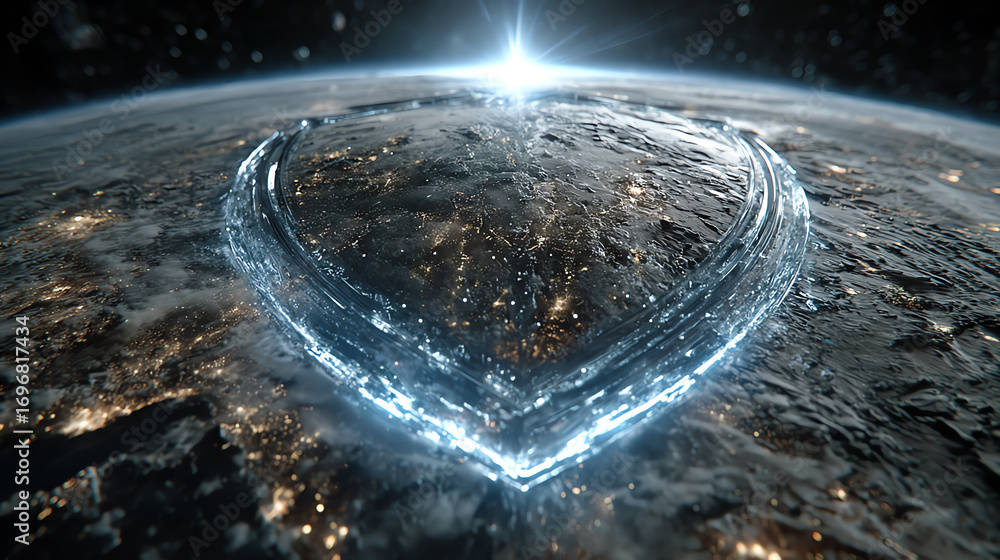 Poster a stunning visual of a heart-shaped structure on a celestial body, illuminated by a distant star in 