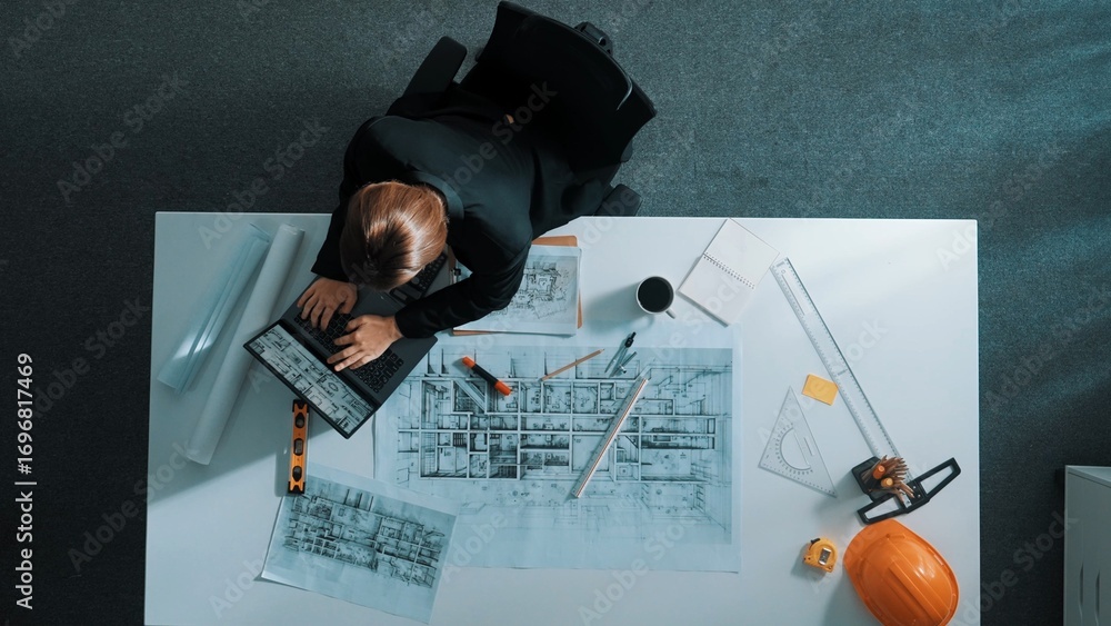 Poster aerial view of architect drawing while working at laptop. top down view of caucasian engineer design